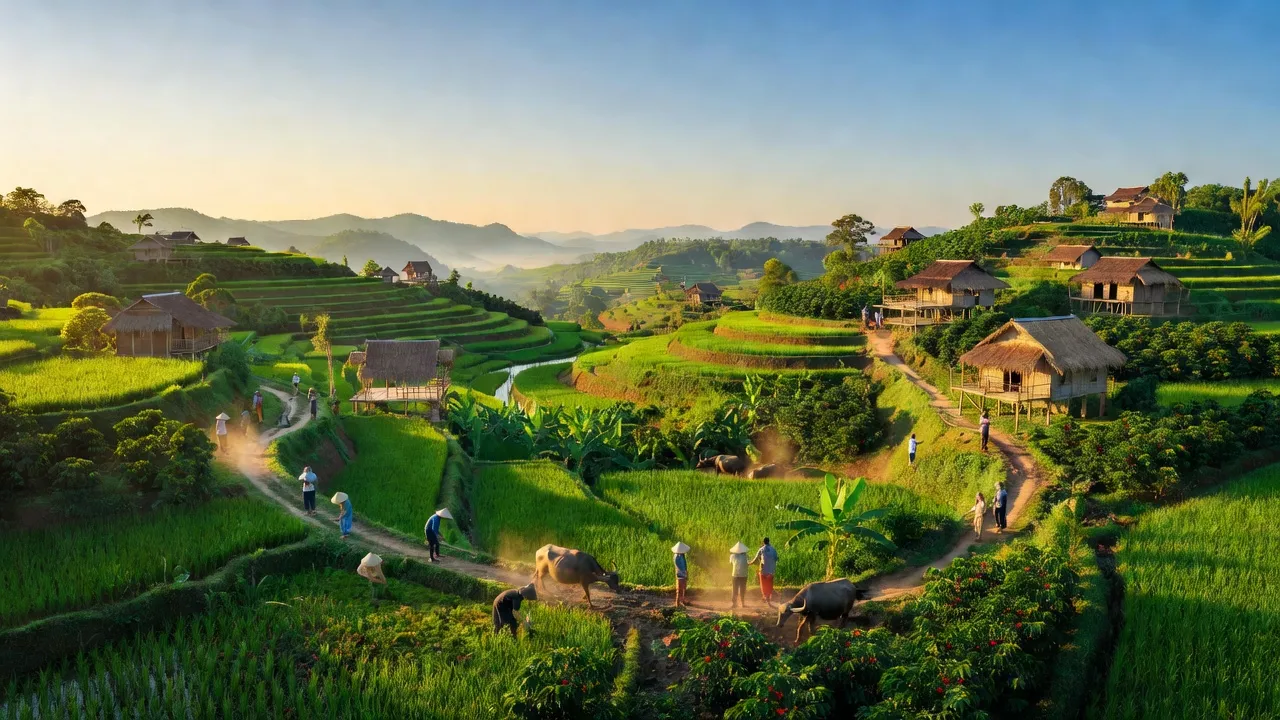 Khung cảnh Sơn Hiệp, huyện Khánh Sơn, tỉnh Khánh Hòa với đồi núi và nền nông nghiệp sinh thái.