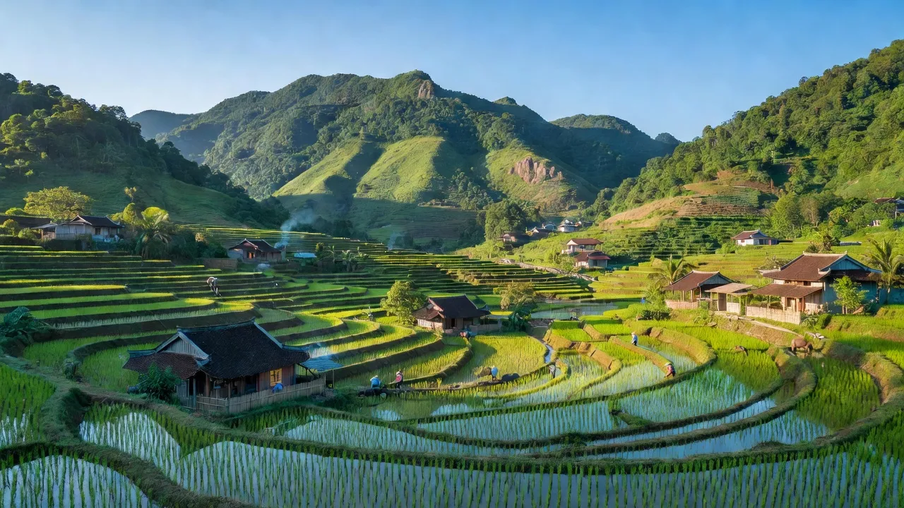 Quang cảnh xã Sơn Lâm, huyện Khánh Sơn, tỉnh Khánh Hòa với núi xanh và ruộng bậc thang.