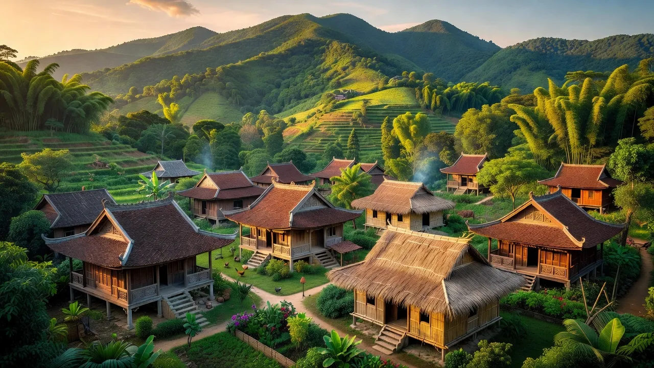 Cảnh đẹp xã Thành Sơn, huyện Khánh Sơn với núi xanh và nhà truyền thống của người Kinh và Raglai.