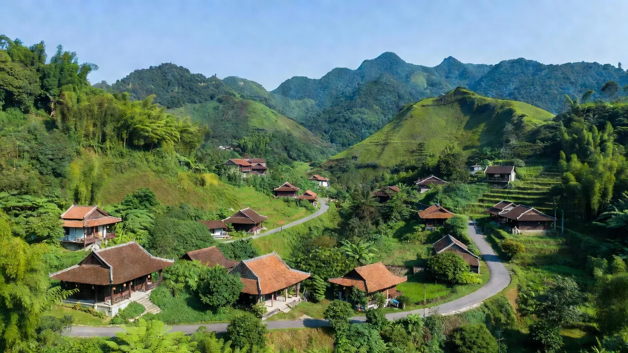 Toàn cảnh xã Giang Ly, huyện Khánh Vĩnh, tỉnh Khánh Hòa với núi xanh và nhà truyền thống.