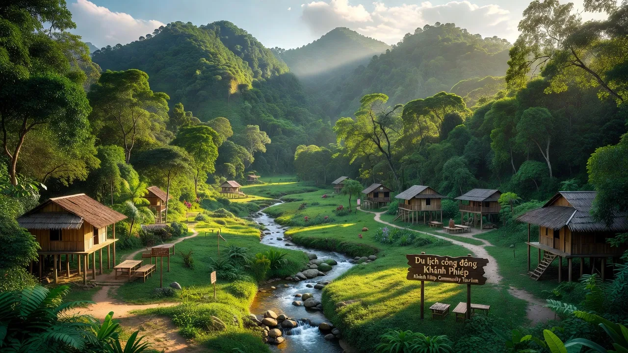 Khung cảnh thiên nhiên tại xã Khánh Hiệp, huyện Khánh Vĩnh, tỉnh Khánh Hòa, với núi và cây xanh.