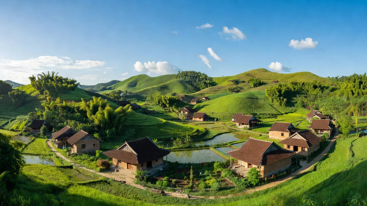 Khánh Nam, Khánh Vĩnh, Khánh Hòa province landscape with green hills and traditional houses.