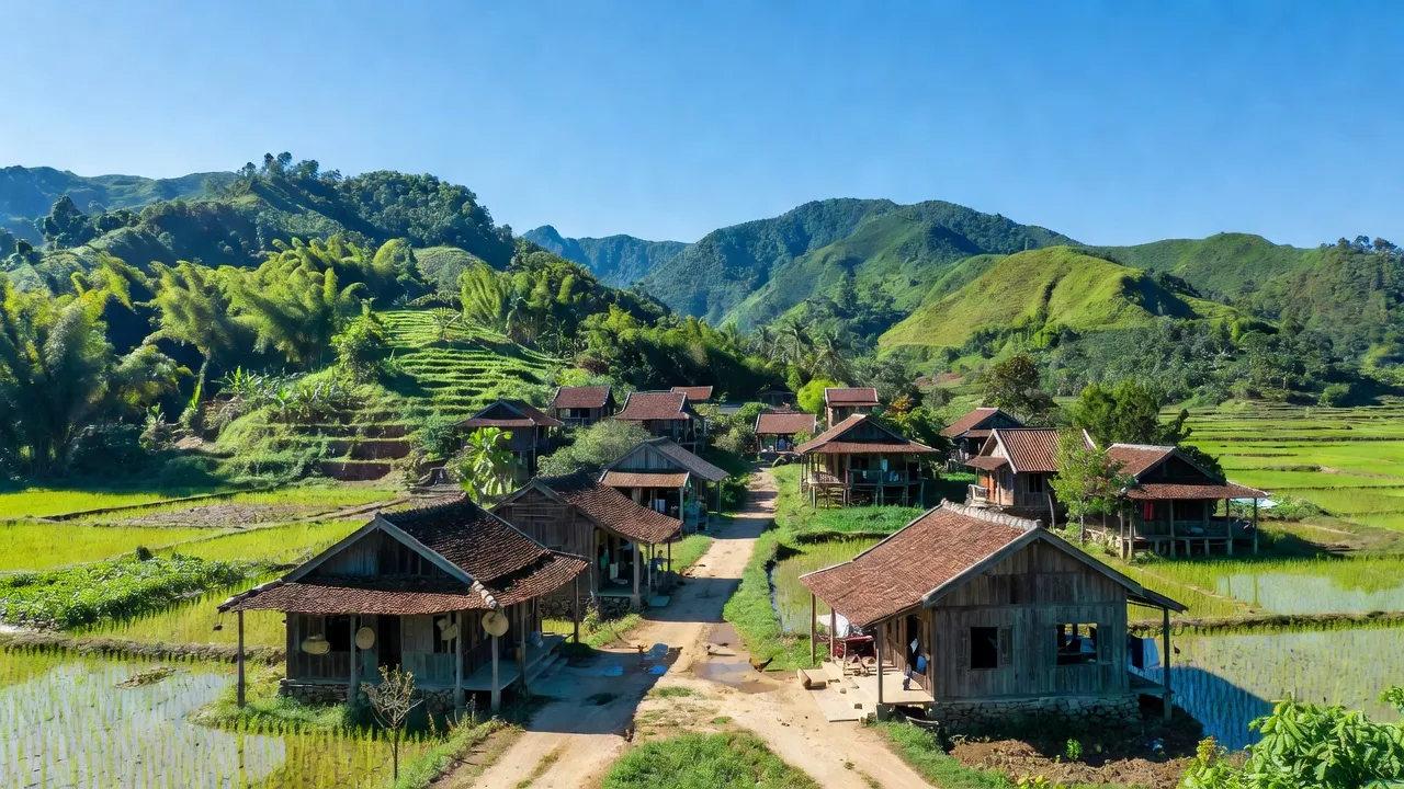 Khánh Phú village in Khánh Vĩnh, Khánh Hòa, showcasing mountains and local lifestyle under clear weather.