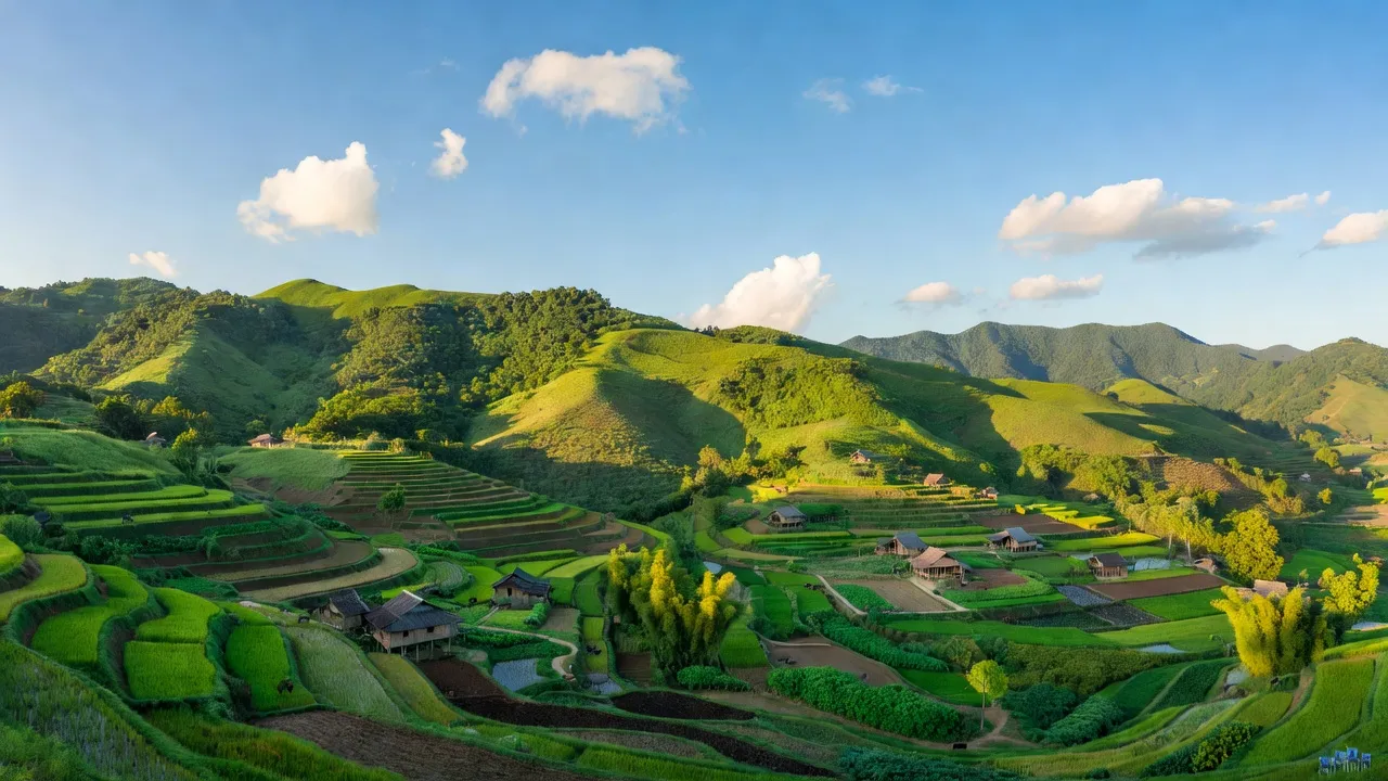 Khánh Thượng mountainous landscape with green hills and agricultural fields in Khánh Vĩnh, Khánh Hòa.