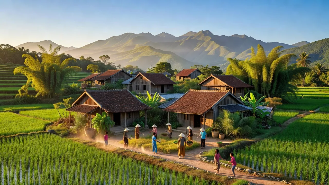 Khánh Trung, Khánh Vĩnh, Khánh Hòa with mountains, lush greenery, and traditional houses.