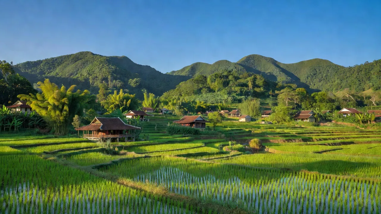 Khung cảnh Sơn Thái huyện Khánh Vĩnh, tỉnh Khánh Hòa với núi non và ruộng đồng xanh tươi.