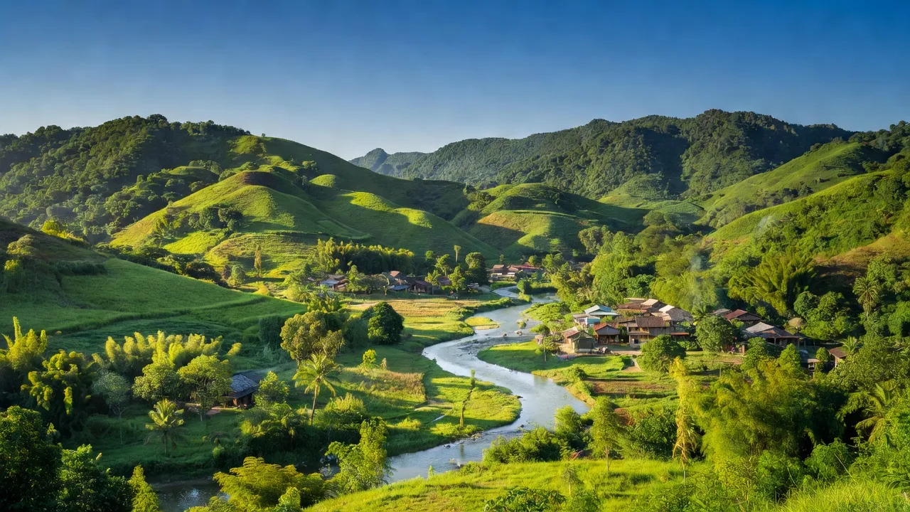 Cảnh đẹp xã Sông Cầu, huyện Khánh Vĩnh, tỉnh Khánh Hòa với núi non và dòng sông.