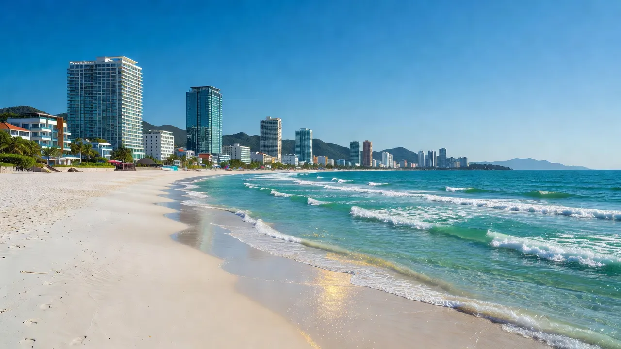 Thành phố Nha Trang, Khánh Hòa với bãi biển đẹp, tòa nhà hiện đại và ánh nắng rực rỡ.