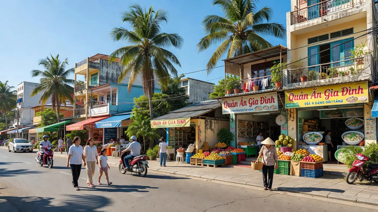 Cảnh đường phố Phường Lộc Thọ, Nha Trang với cuộc sống đô thị sôi động, tiểu thương và cây cọ. Street life in Lộc Thọ, Nha Trang.