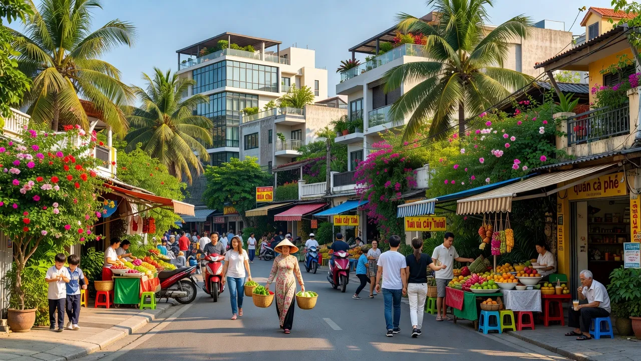 Phường Lộc Thọ, Nha Trang, hai người đi bộ trên đường phố nhộn nhịp dưới ánh nắng