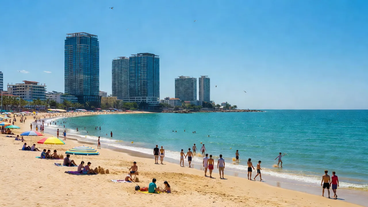 Bờ biển Phước Hải, Nha Trang với cát trắng, biển xanh và các tòa nhà hiện đại, môi trường sống thoải mái.