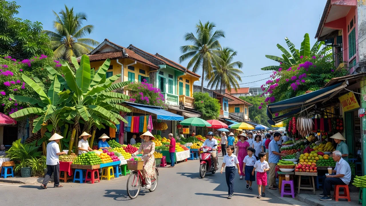 Cảnh đường phố Phường Phước Hòa, Nha Trang với chợ địa phương, nhà truyền thống và cây xanh.