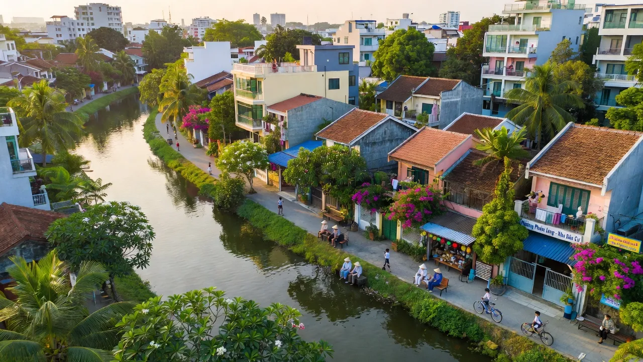 Phường Phước Long, Nha Trang với cảnh sông nước và khu dân cư sinh động, quy hoạch đô thị.