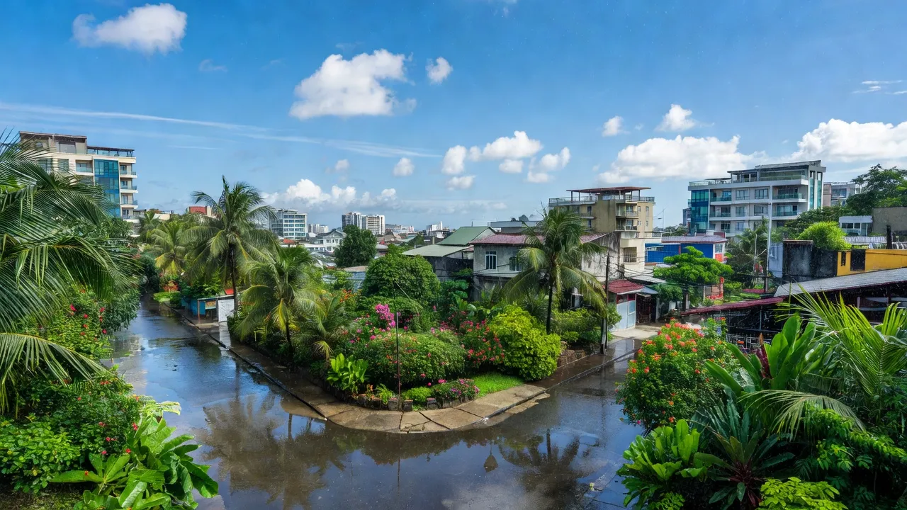Khung cảnh Phường Phương Sài, Nha Trang với cỏ cây, tòa nhà và tác động của mưa lớn.