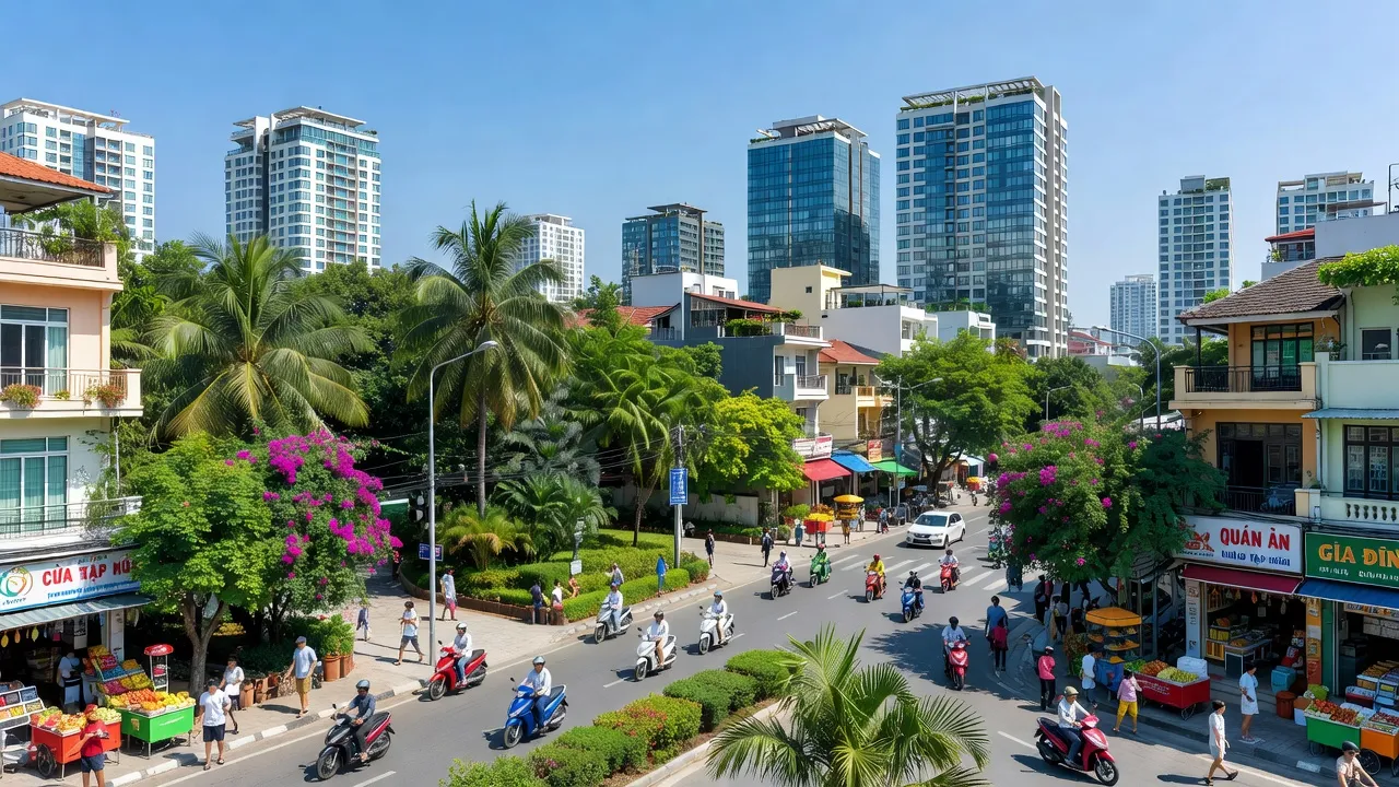 Khung cảnh sôi động ở Phường Vạn Thạnh, Nha Trang với phố xá và cuộc sống sôi nổi.