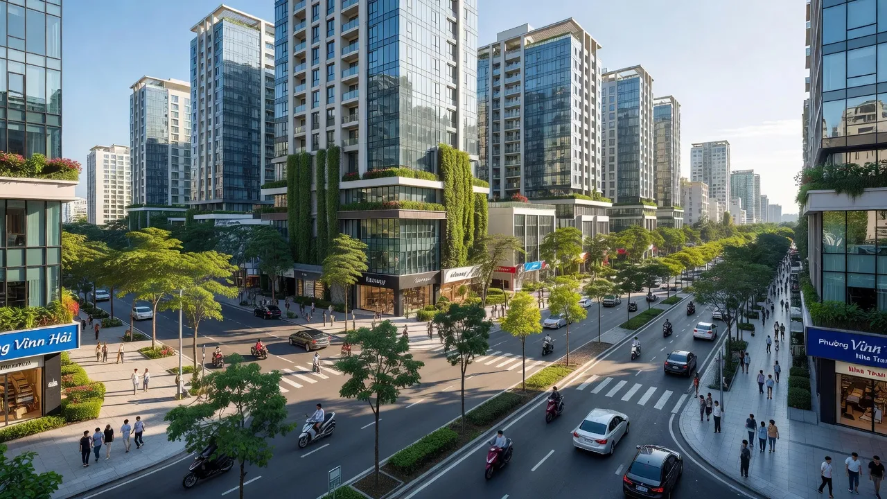 Khung cảnh hiện đại tại Phường Vĩnh Hải, Nha Trang với tòa nhà, cây xanh và đường phố nhộn nhịp.