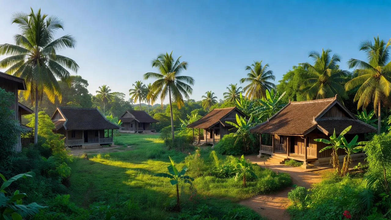 Khung cảnh xã Vĩnh Hiệp, Nha Trang với nhà truyền thống và cây xanh, bầu trời trong xanh.