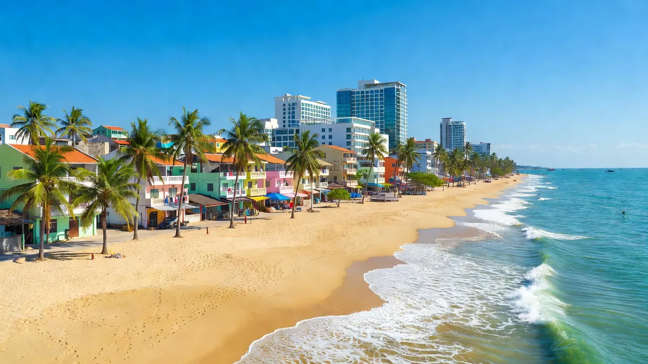 Khung cảnh ven biển Phường Vĩnh Hòa, Nha Trang với bãi cát và cây cọ dưới bầu trời nắng.