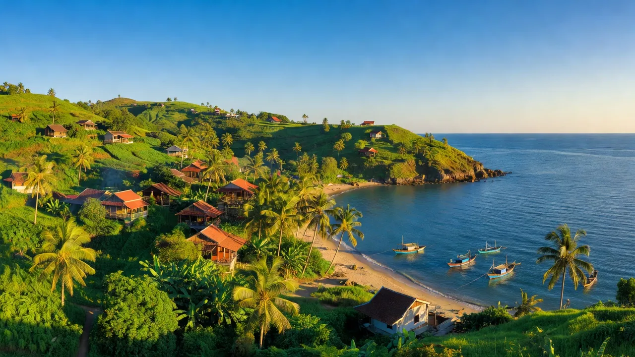 Khung cảnh thiên nhiên xã Vĩnh Lương, Nha Trang với nhà truyền thống và cảnh biển xanh.
