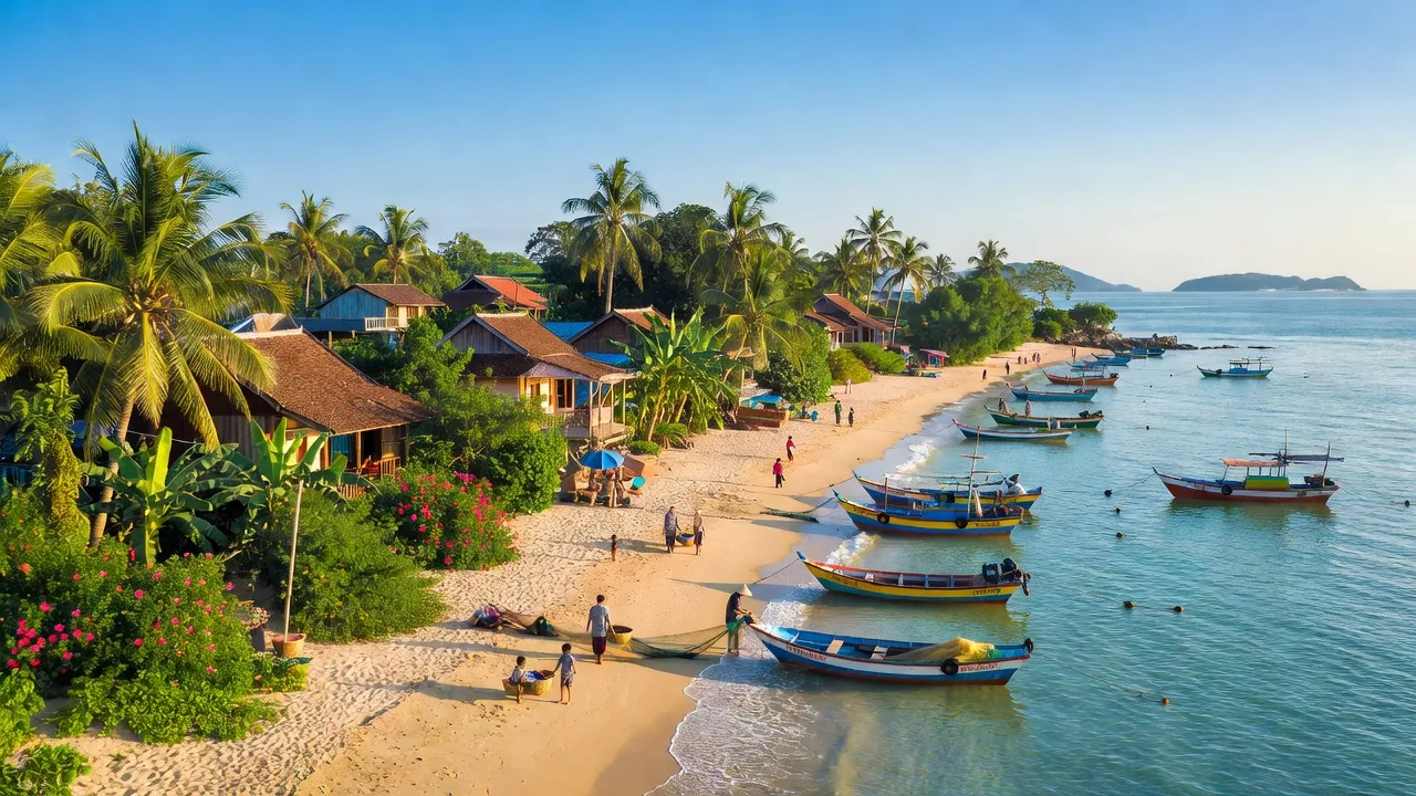 Cảnh biển Vĩnh Nguyên, Nha Trang, Khánh Hòa với bãi cát, nhà truyền thống và thuyền đánh cá.