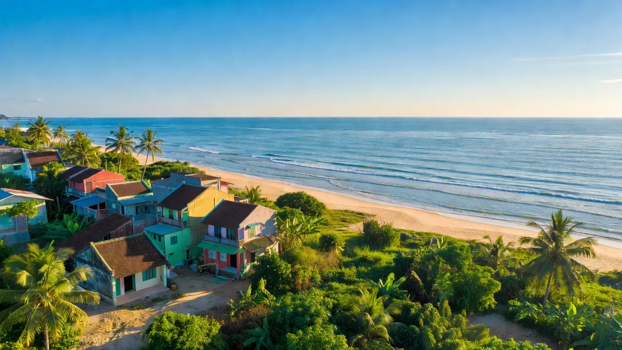 Khung cảnh phường Vĩnh Nguyên, Nha Trang với bờ biển, nhà cửa và bầu trời trong xanh.