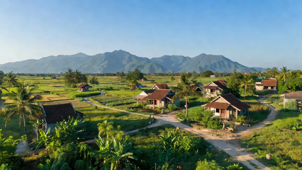 Cảnh quan xã Vĩnh Phương, Nha Trang với nhà truyền thống, cây xanh và núi đẹp.