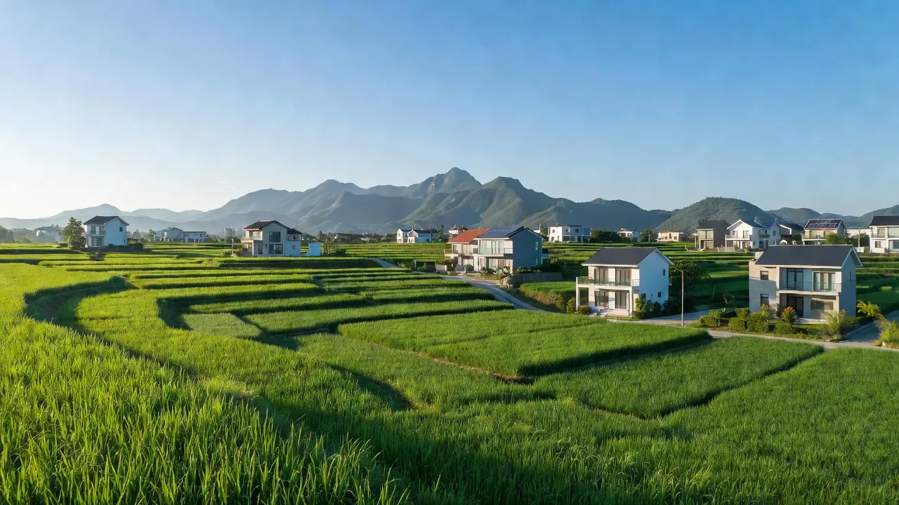 Khung cảnh xã Vĩnh Thái, Nha Trang với cánh đồng xanh và nhà hiện đại, Khánh Hòa.