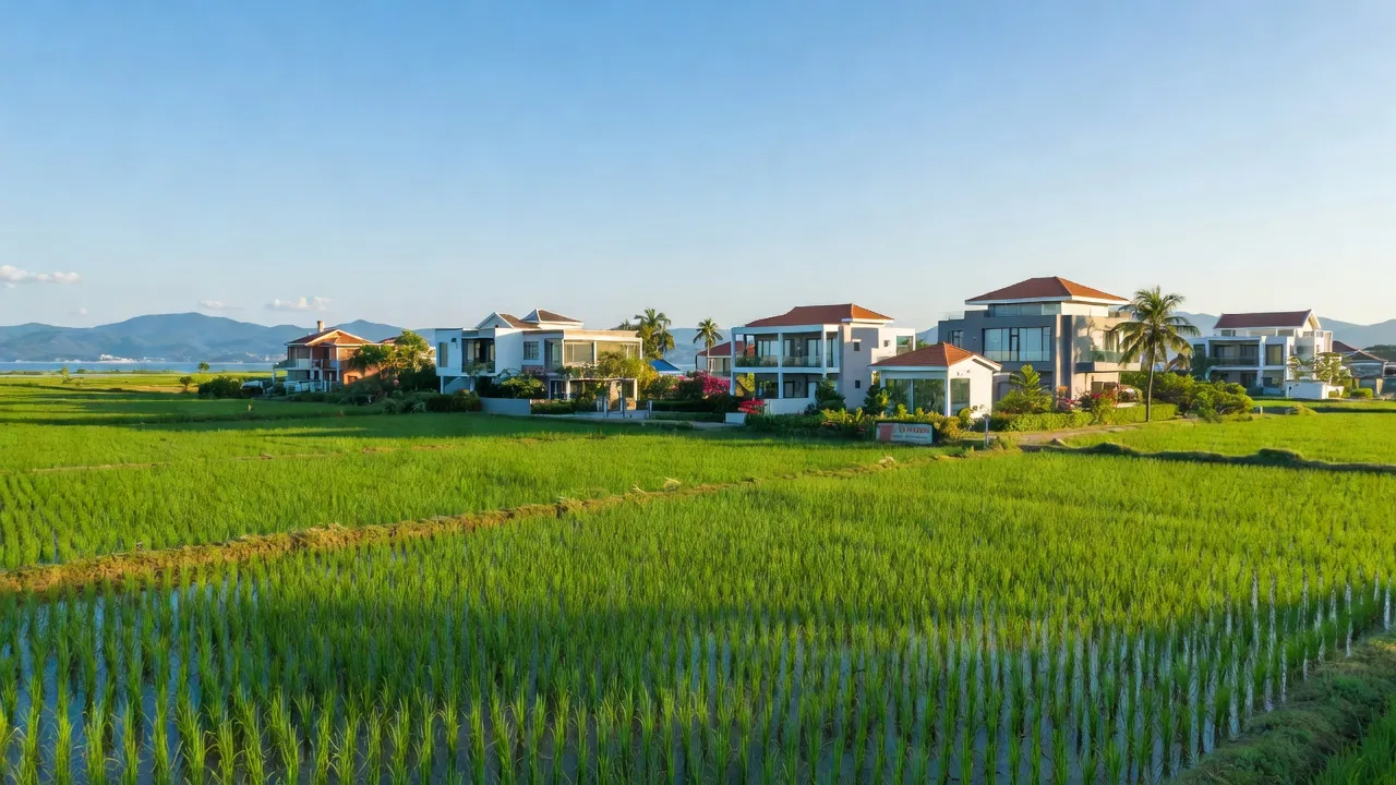Khung cảnh xanh mát xã Vĩnh Thái, Nha Trang với khu dân cư hiện đại và bầu trời xanh.
