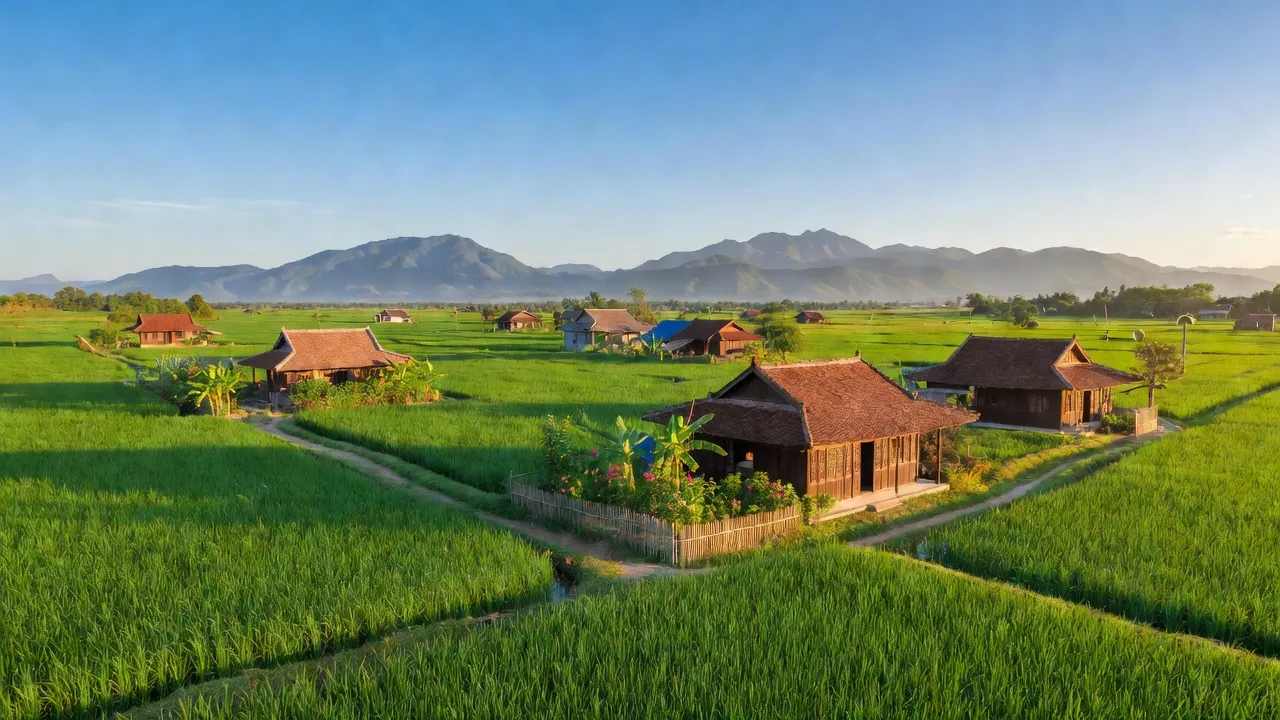 Khung cảnh đẹp của xã Vĩnh Thạnh, Nha Trang, có cánh đồng xanh và nhà truyền thống.
