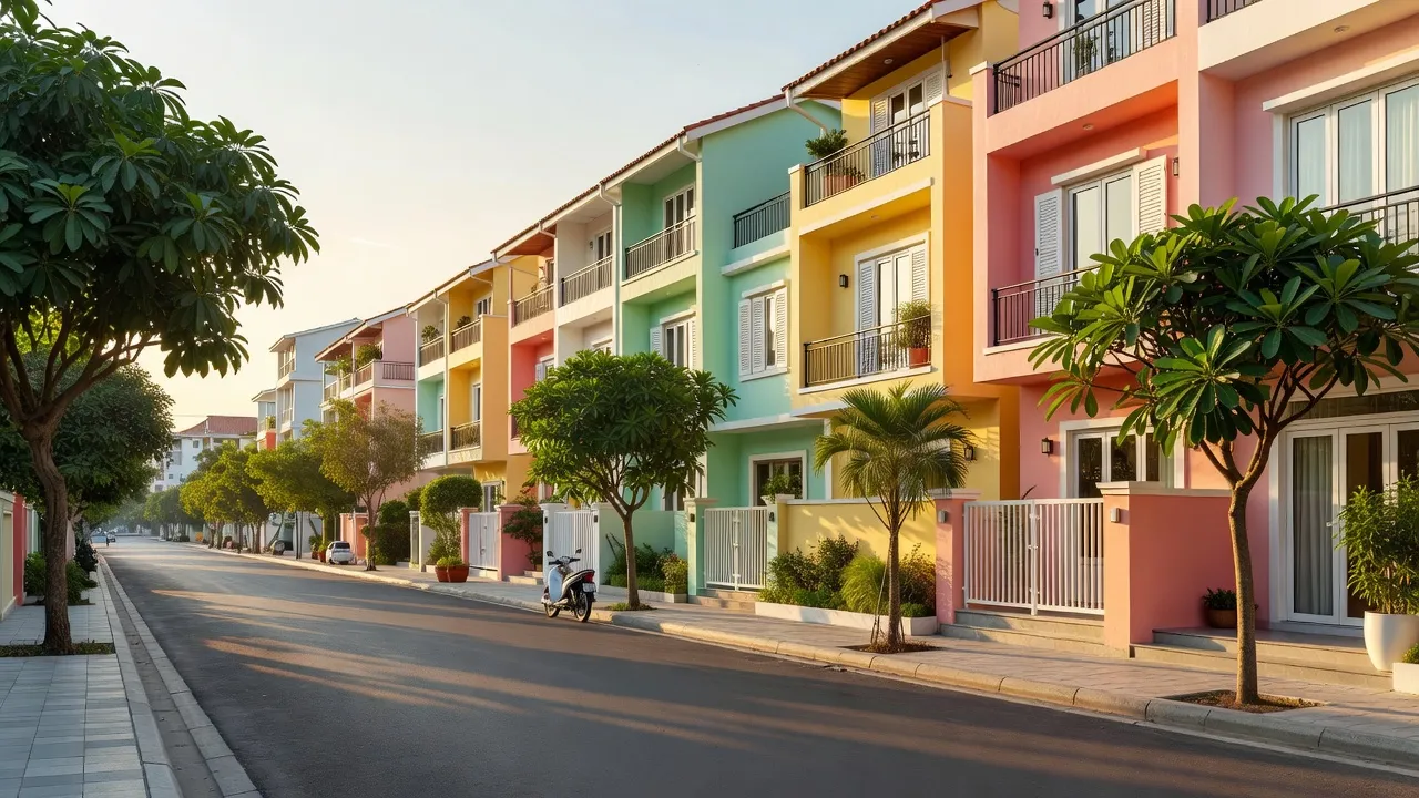 Khung cảnh phường Vĩnh Thọ, Nha Trang với đường phố yên tĩnh và nhà cửa sắc màu.