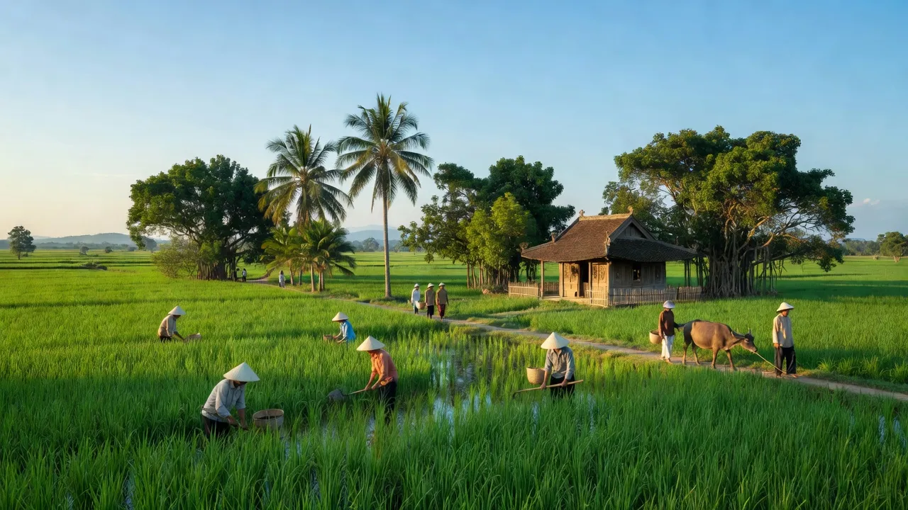Khung cảnh nông thôn xã Ninh An, Thị xã Ninh Hòa, tỉnh Khánh Hòa với cánh đồng xanh và bầu trời trong.