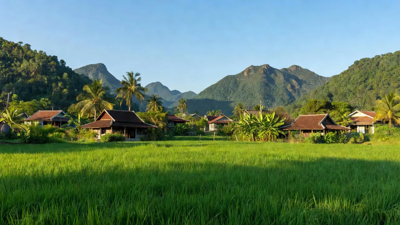 Cảnh làng quê xã Ninh Bình, Thị xã Ninh Hòa, tỉnh Khánh Hòa với đồng xanh và núi non.