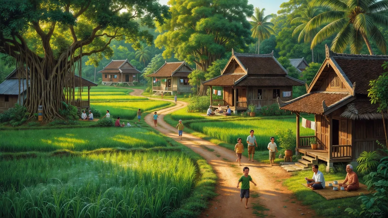 Cảnh quan Xã Ninh Bình, Thị xã Ninh Hòa, Khánh Hòa với nhà cửa truyền thống và cây cối xanh tươi.