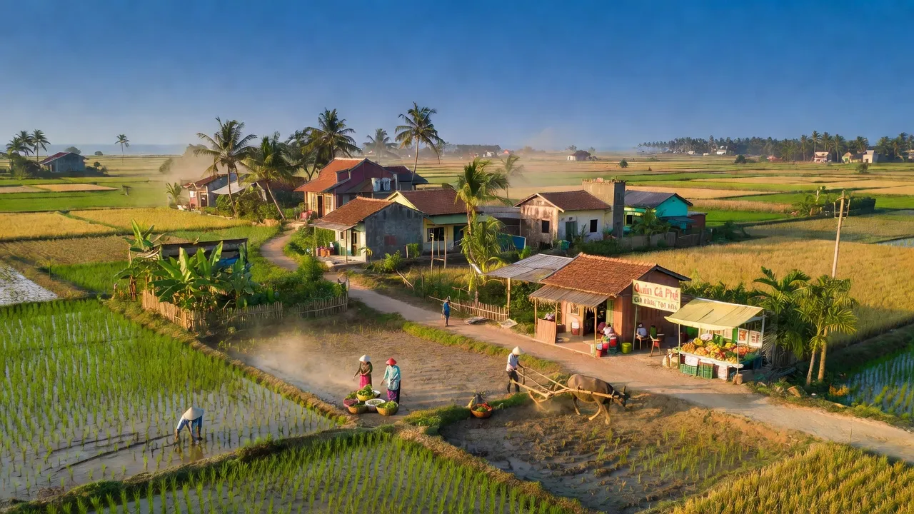 Cảnh quan Ninh Đa, Thị xã Ninh Hòa, tỉnh Khánh Hòa với đồng bằng ven biển và nhà cửa.