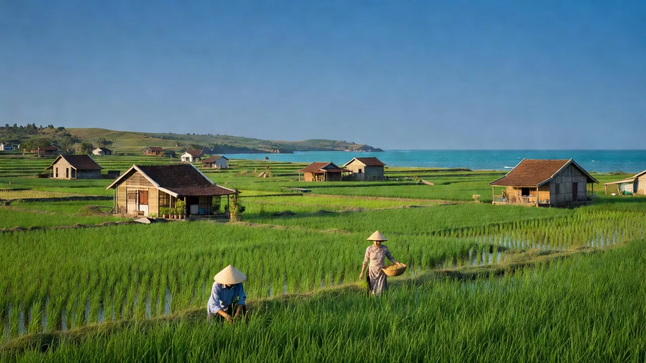 Phong cảnh yên bình ở phường Ninh Đa, thị xã Ninh Hòa, tỉnh Khánh Hòa với đồng ruộng xanh tươi.