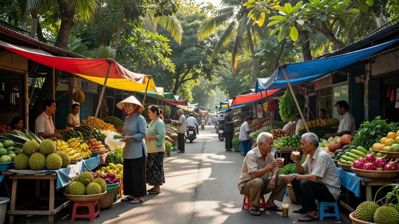 Cảnh đường phố Phường Ninh Giang, Ninh Hòa, Khánh Hòa, thị trường địa phương và không khí sống động.
