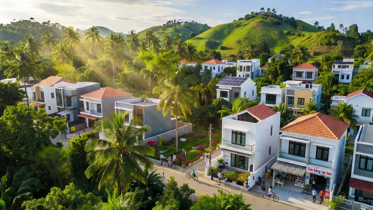 Phường Ninh Hà, Thị xã Ninh Hòa, Khánh Hòa với nhà cửa mới và phong cảnh xanh tươi.