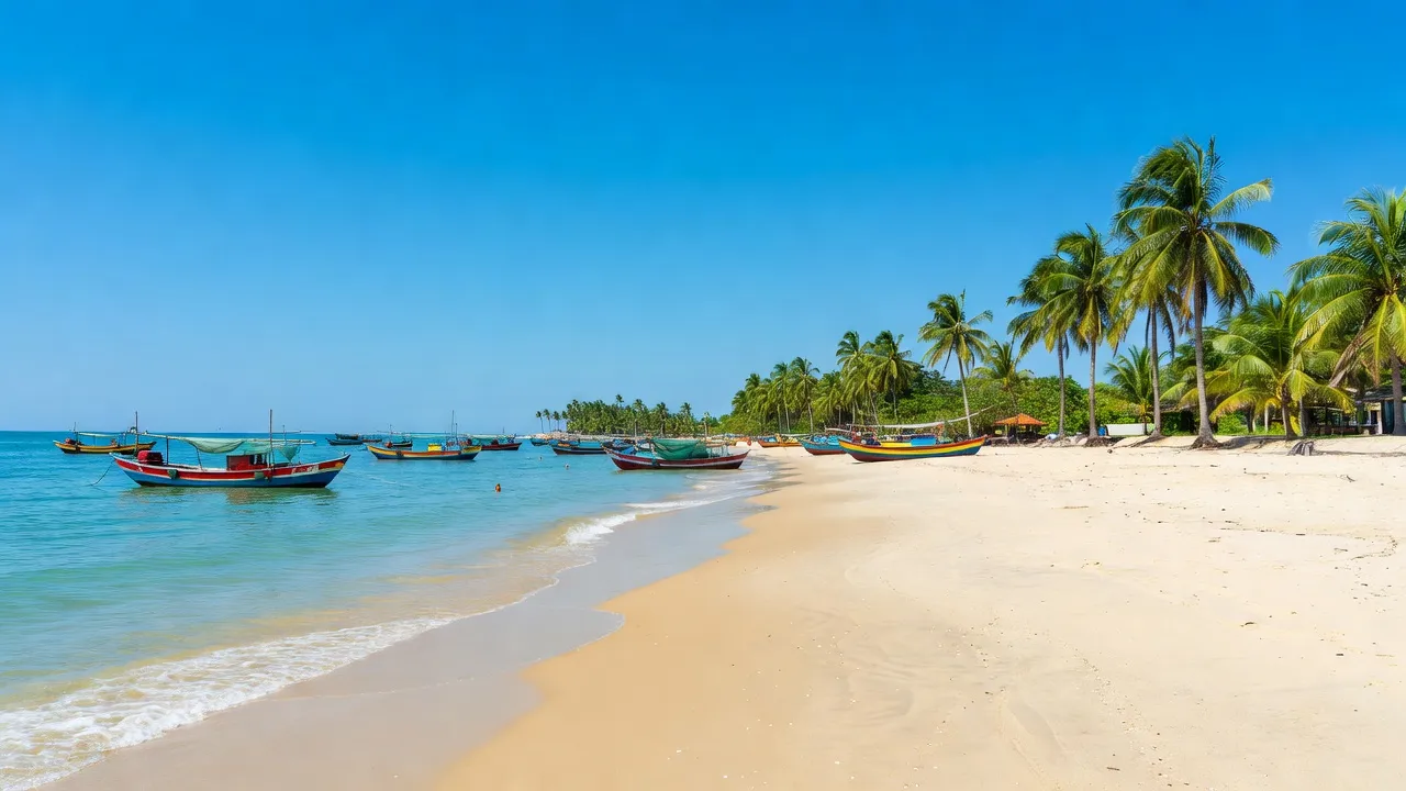 Cảnh biển tuyệt đẹp tại phường Ninh Hải, thị xã Ninh Hòa, tỉnh Khánh Hòa với bãi cát và cây cọ.