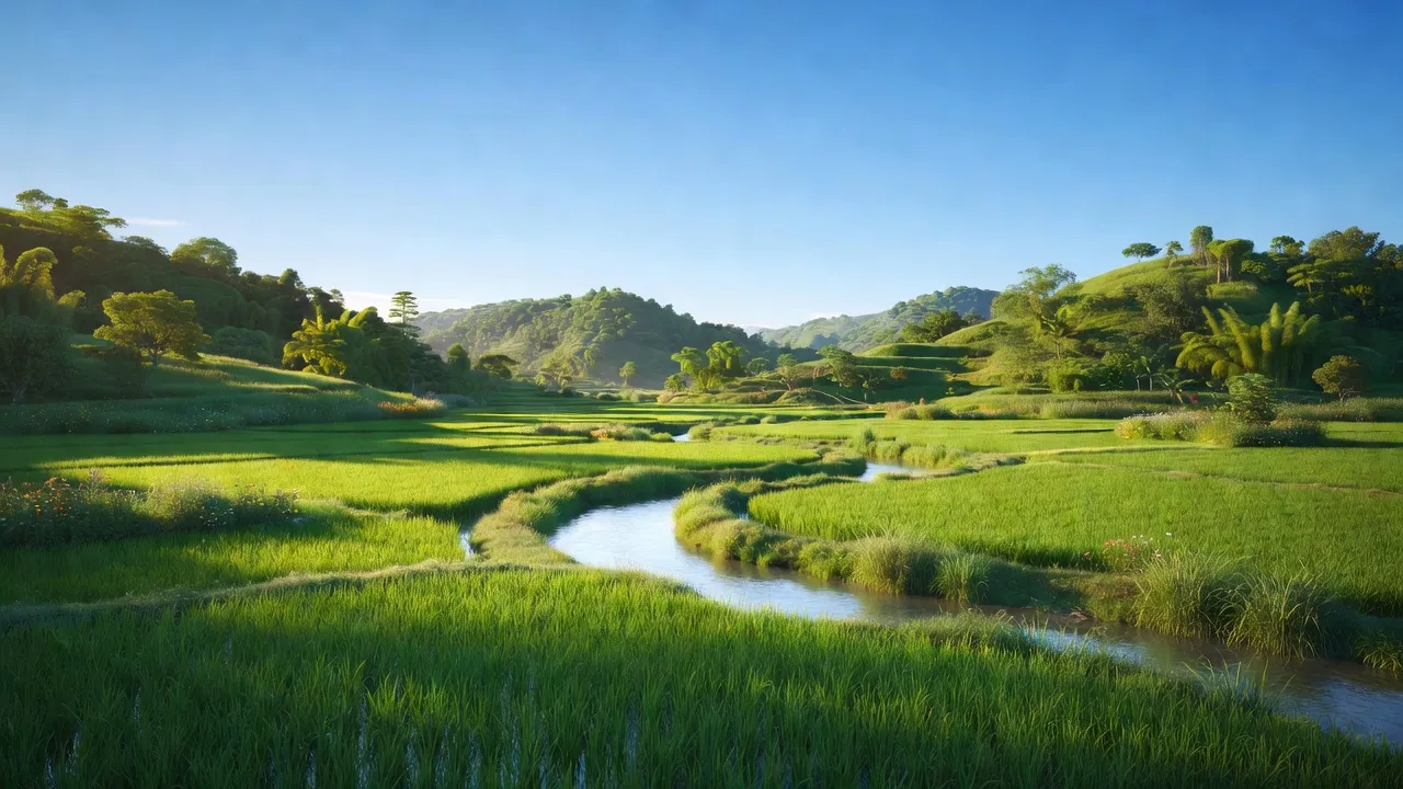 Cảnh đẹp xã Ninh Hưng, thị xã Ninh Hòa, Khánh Hòa với đồng xanh, đồi núi và sông nước.