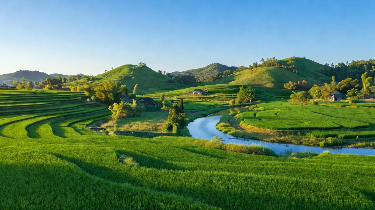 Khung cảnh yên bình xã Ninh Hưng, Thị xã Ninh Hòa, tỉnh Khánh Hòa với sông và cánh đồng xanh.