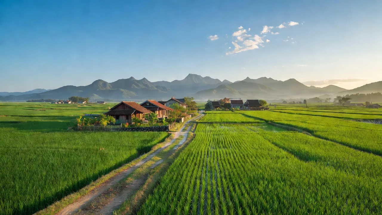 Cảnh quan xã Ninh Ích, Thị xã Ninh Hòa, tỉnh Khánh Hòa với ruộng lúa và núi non.