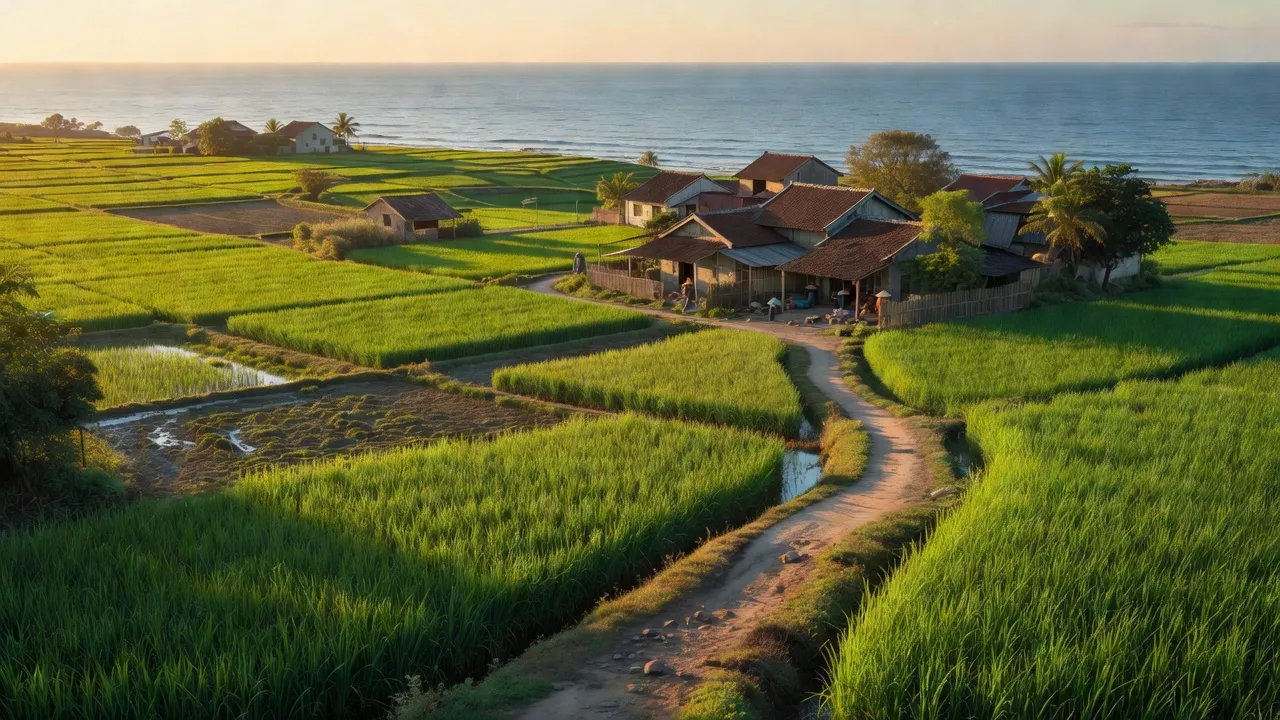 Cảnh quan xã Ninh Lộc, Thị xã Ninh Hòa, tỉnh Khánh Hòa với đồng xanh và biển Đông.