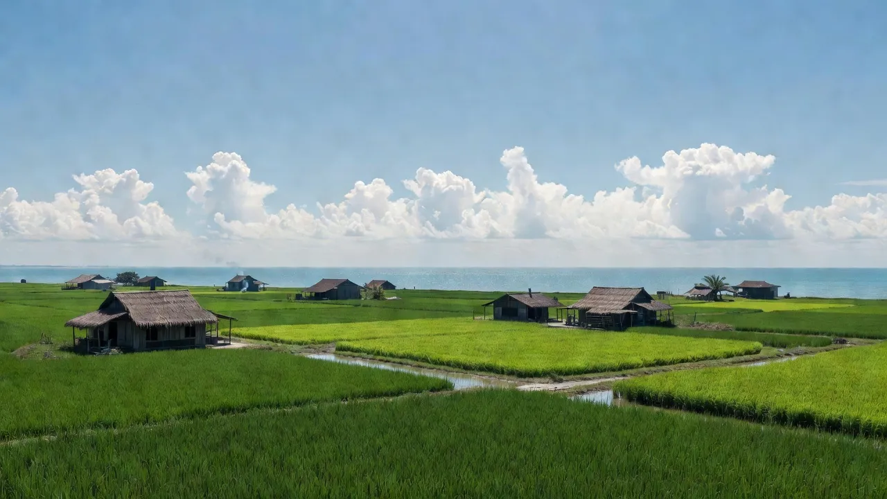 Rural landscape of Ninh Lộc, Thị xã Ninh Hòa, Tỉnh Khánh Hòa with fields and East Sea.