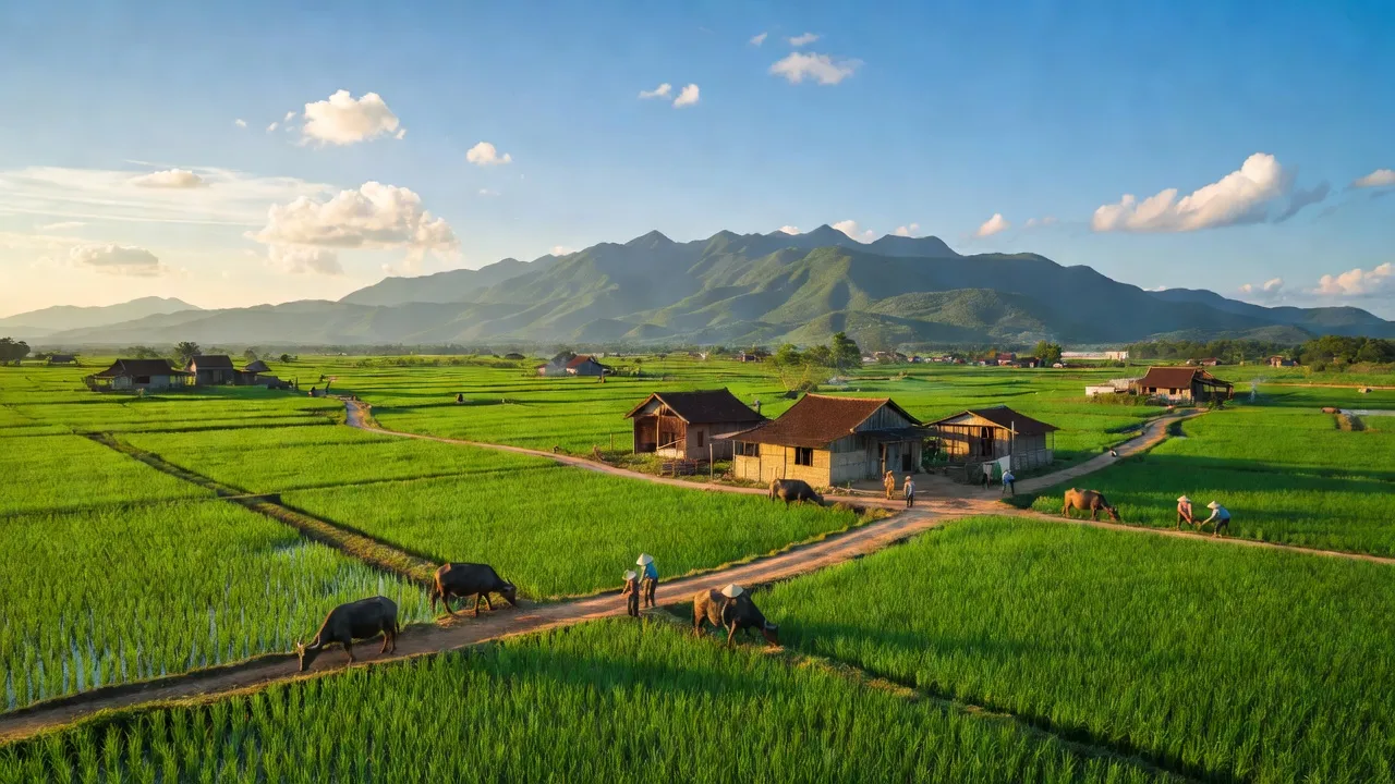 Khung cảnh xã Ninh Phú, Thị xã Ninh Hòa, tỉnh Khánh Hòa với cánh đồng xanh và núi đằng xa.