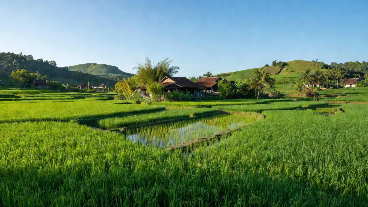 Hình ảnh xã Ninh Phụng, Ninh Hòa với cánh đồng xanh mướt và nhà truyền thống Việt Nam.