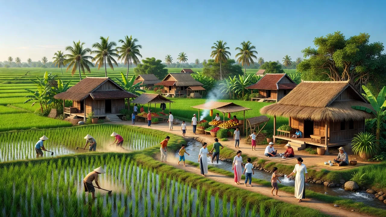 Cảnh quan Xã Ninh Phước, Thị xã Ninh Hòa với thôn xóm, cây cối xanh tươi và bầu trời xanh.