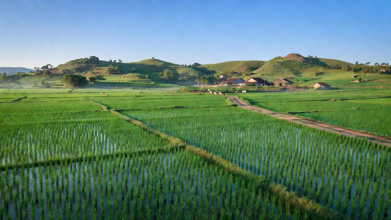 Cảnh đẹp xã Ninh Quang, Thị xã Ninh Hòa với cánh đồng xanh và đồi núi dịu dàng.