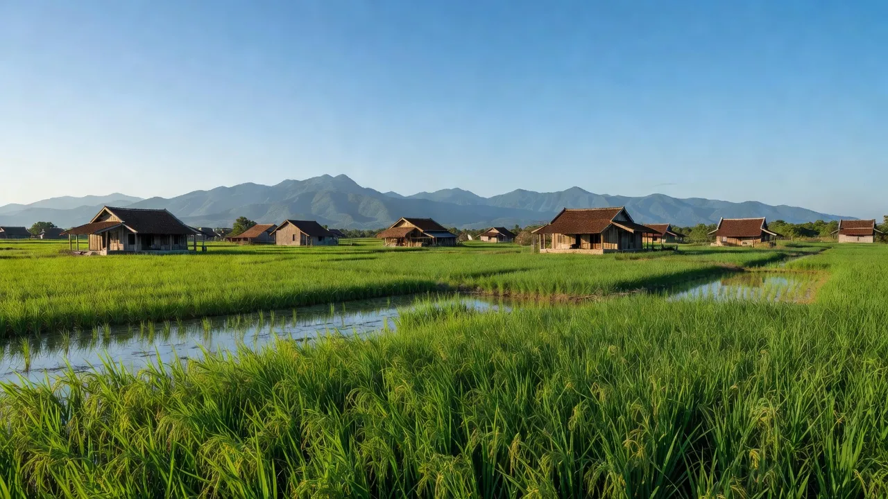 Khung cảnh bình yên xã Ninh Quang, Thị xã Ninh Hòa, tỉnh Khánh Hòa với đồng lúa xanh tươi.