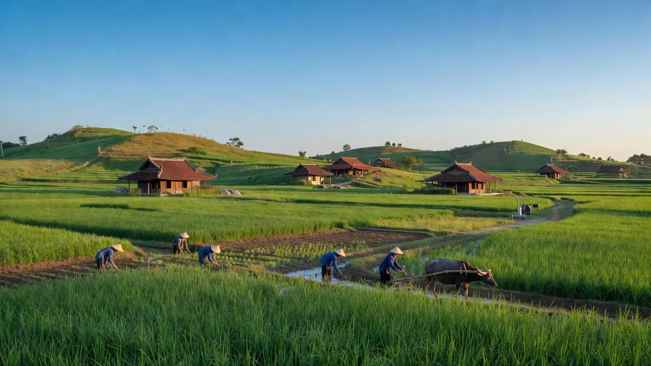 Cảnh bình yên tại xã Ninh Sim, Thị xã Ninh Hòa, với cánh đồng xanh và bầu trời trong trẻo.