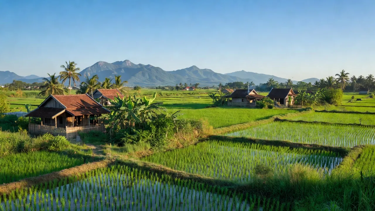 Cảnh quan Ninh Sim, Ninh Hòa, Khánh Hòa với cánh đồng xanh và nhà truyền thống.